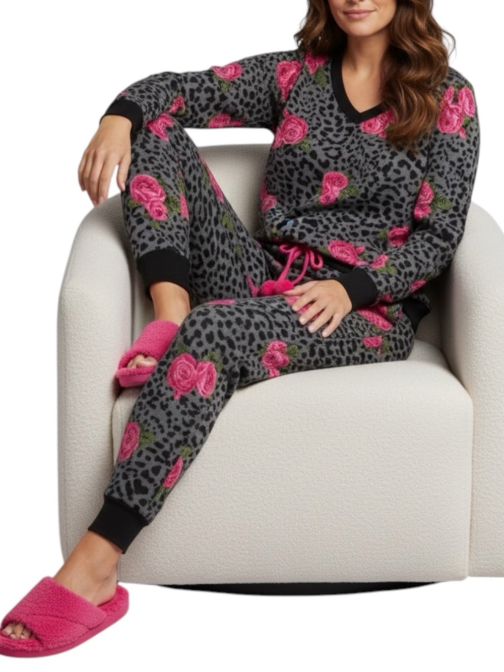 BETSEY JOHNSON Cozy Floral Leopard V-Neck Pajama Set in Gray & Pink Size Small